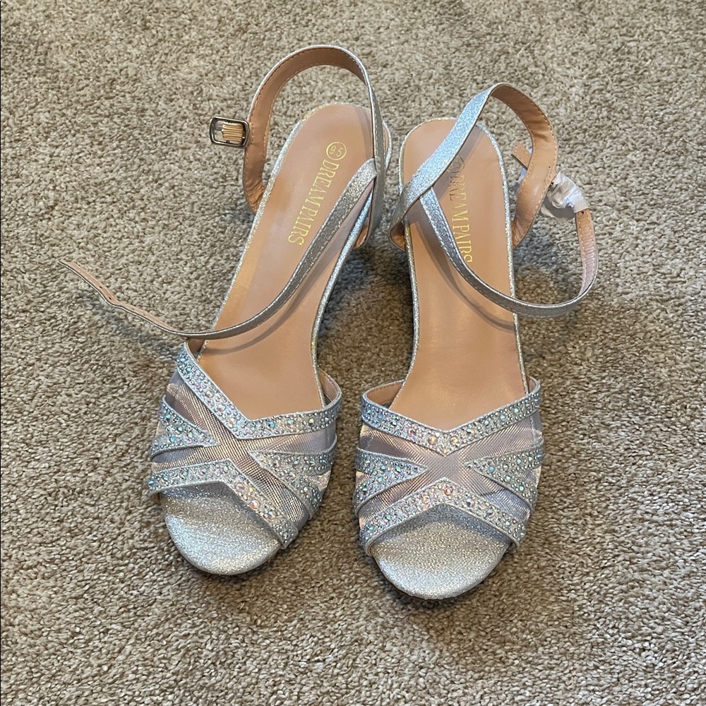 Dream Pairs Silver Glitter Crystal Ankle Strap Heels